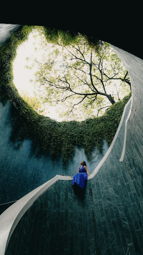 Woman in a blue dress looks up at a tree.